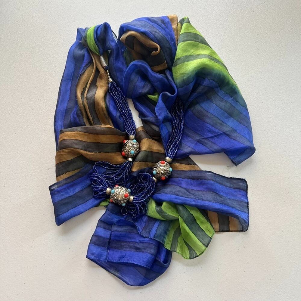Women's Blue Colorful Tassled Beaded Sheer Striped Scarf